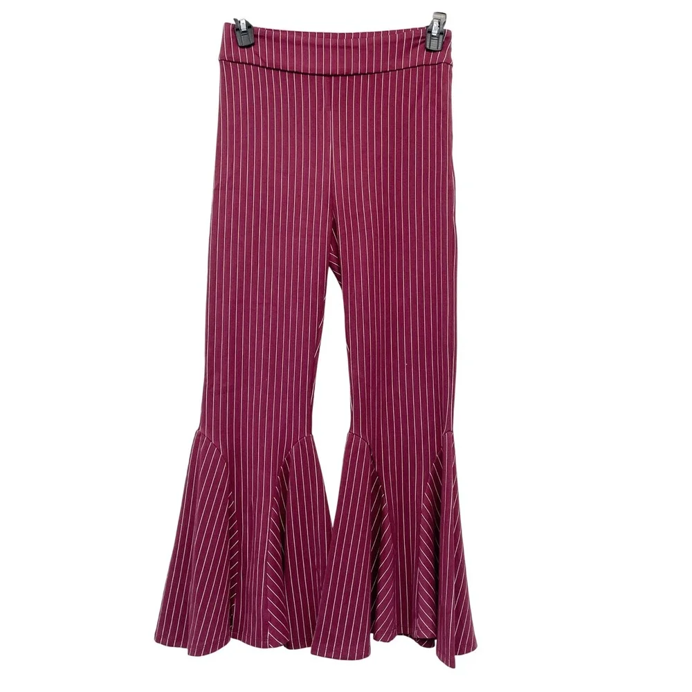 Free People Burgundy Striped Mari Ponte Flared Casual Trouser Pants Size‎ 8